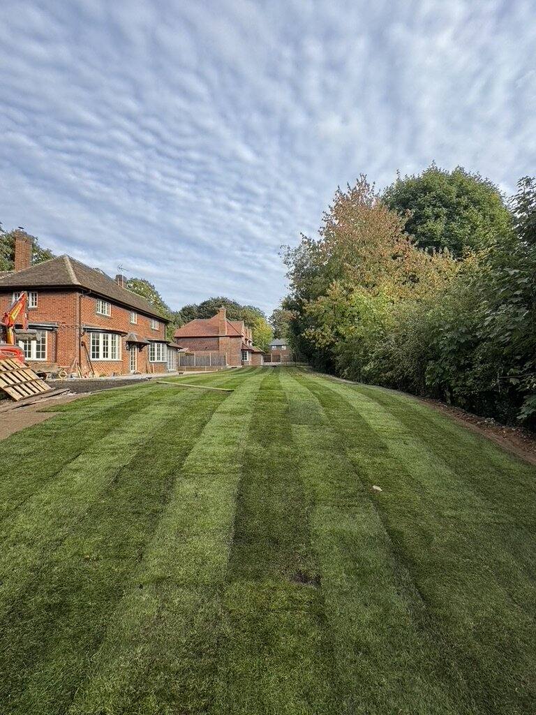 Freshly mown striped lawn running the length of a large garden